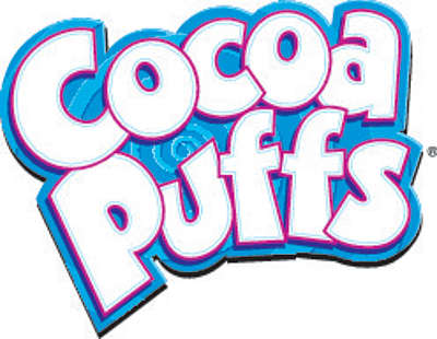 Cocoa Puffs written in white with a blue and purple outline
